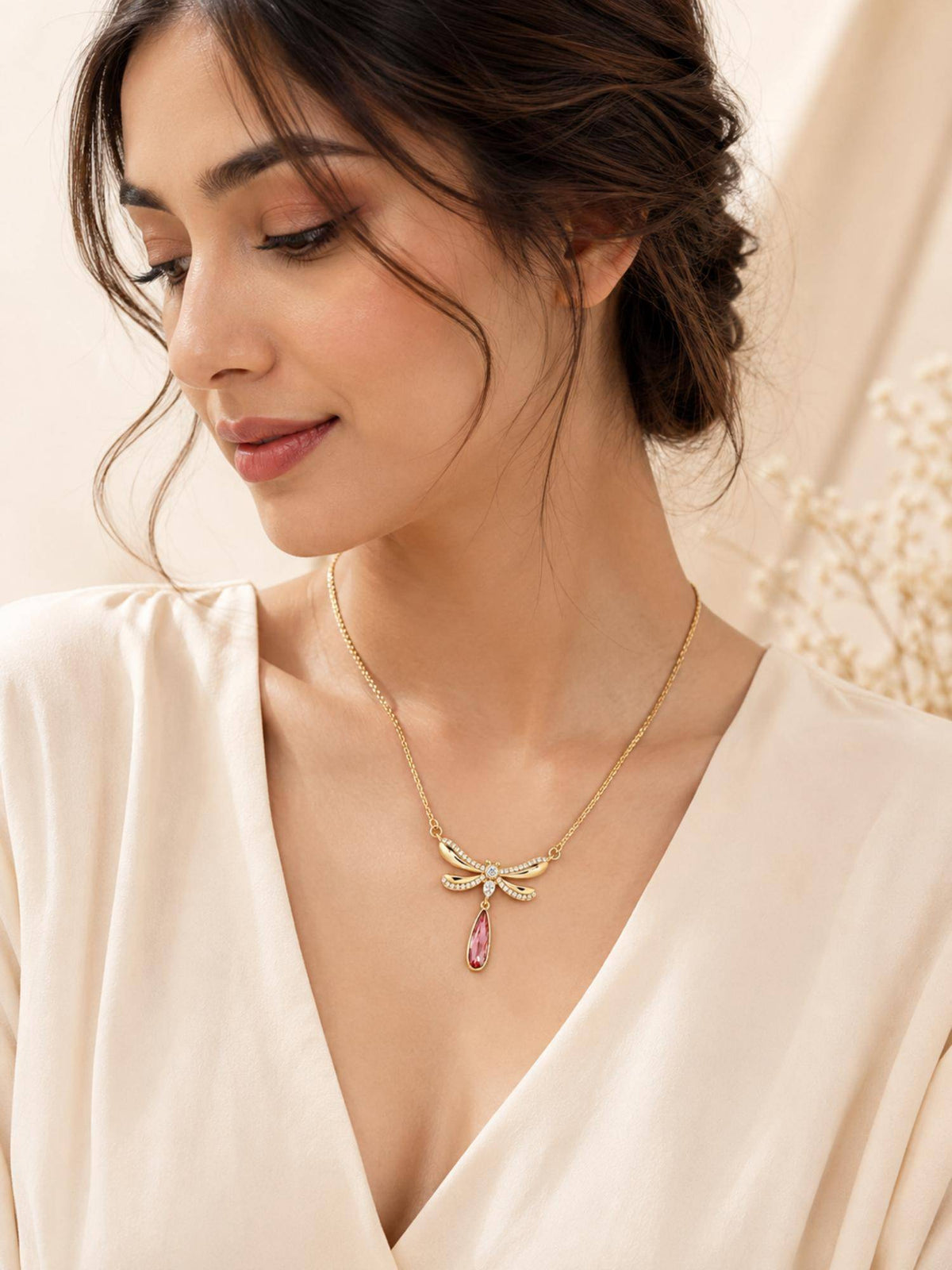 AANURA 18K Gold Plated Pink Wing Teardrop Necklace