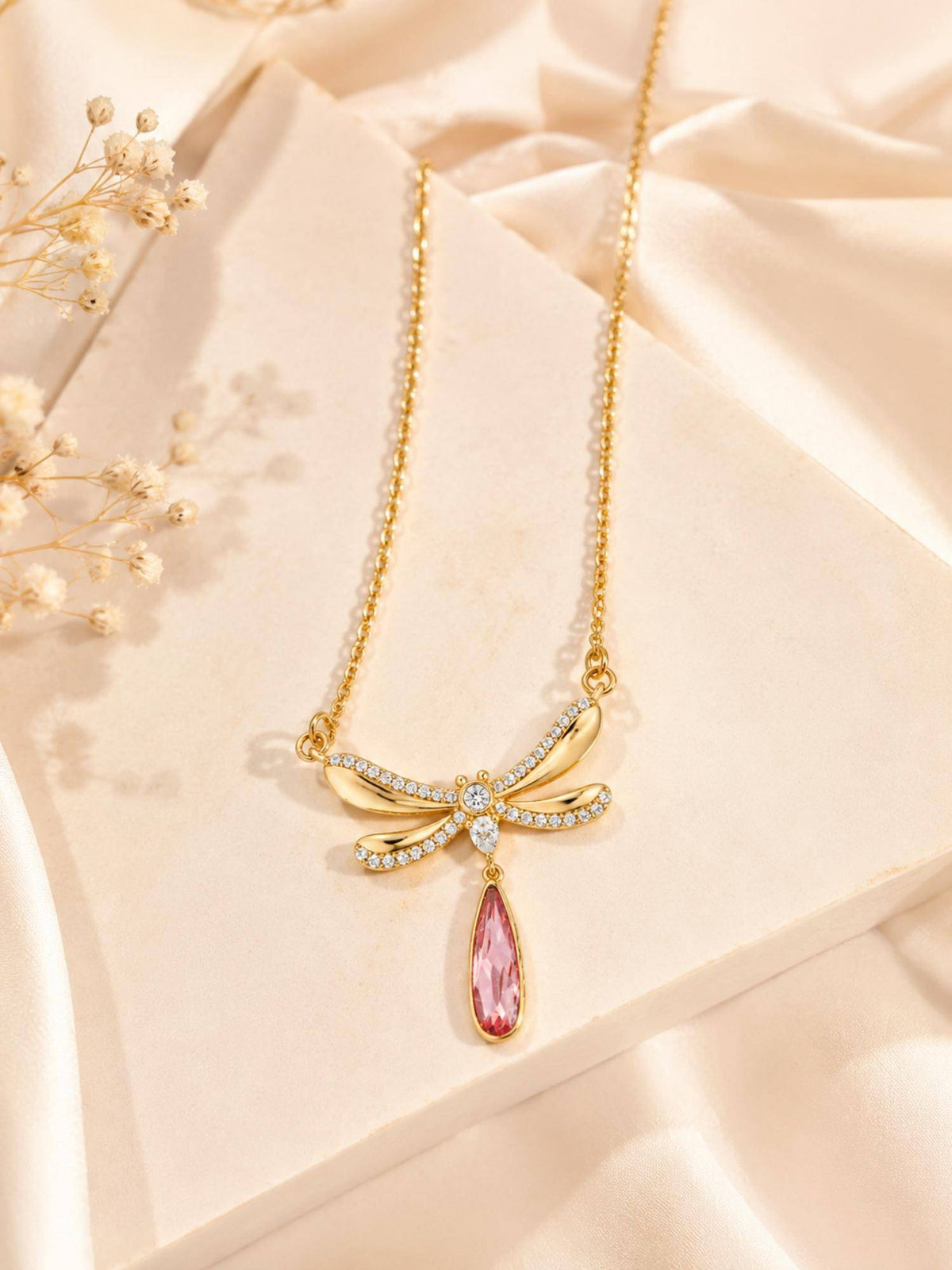 AANURA 18K Gold Plated Pink Wing Teardrop Necklace