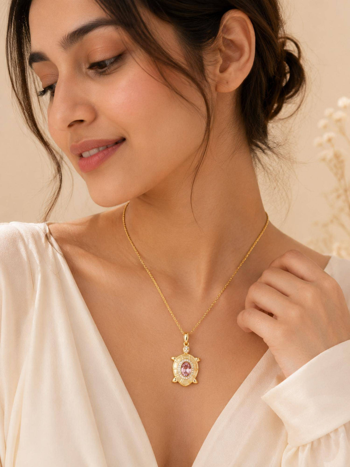 AANURA 18K Gold Plated Pink Turtle Crystal Necklace
