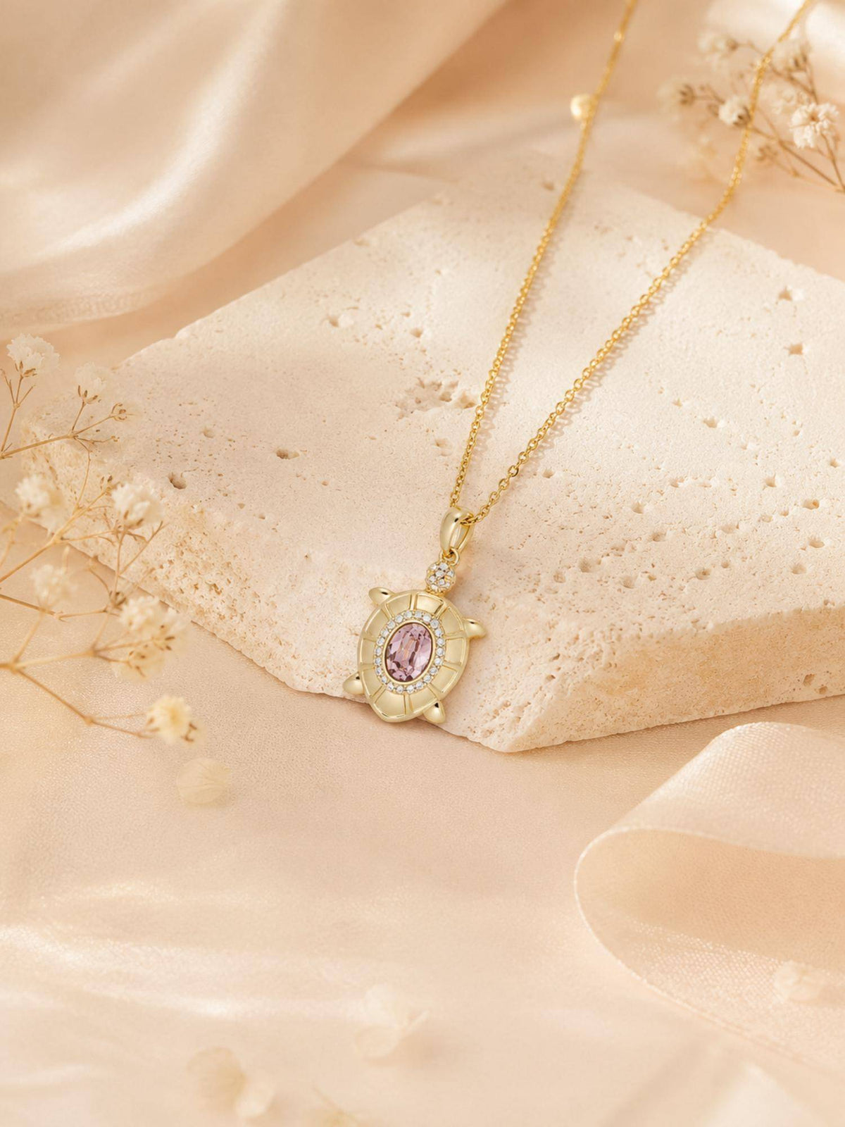 AANURA 18K Gold Plated Pink Turtle Crystal Necklace
