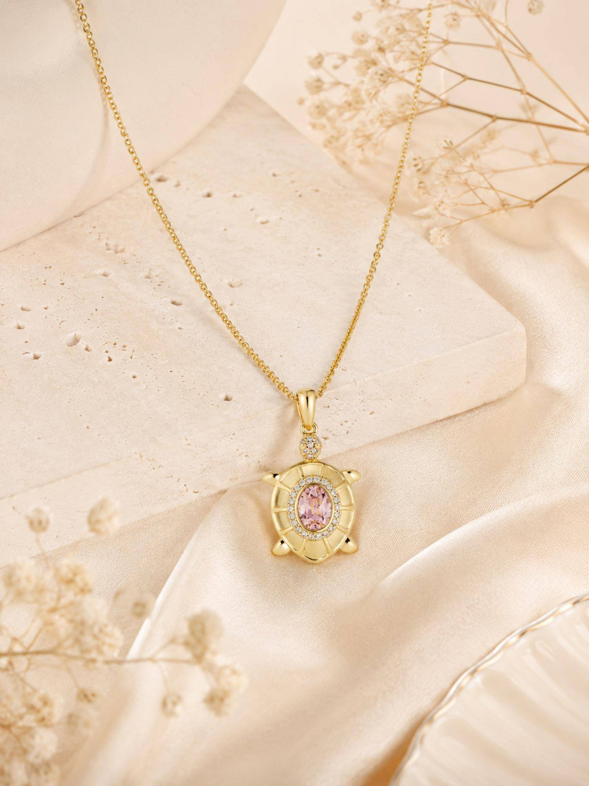 AANURA 18K Gold Plated Pink Turtle Crystal Necklace