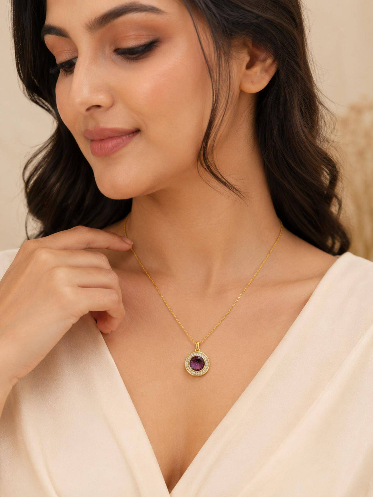 AANURA 18K Gold Plated Purple Halo Crystal Pendant Necklace
