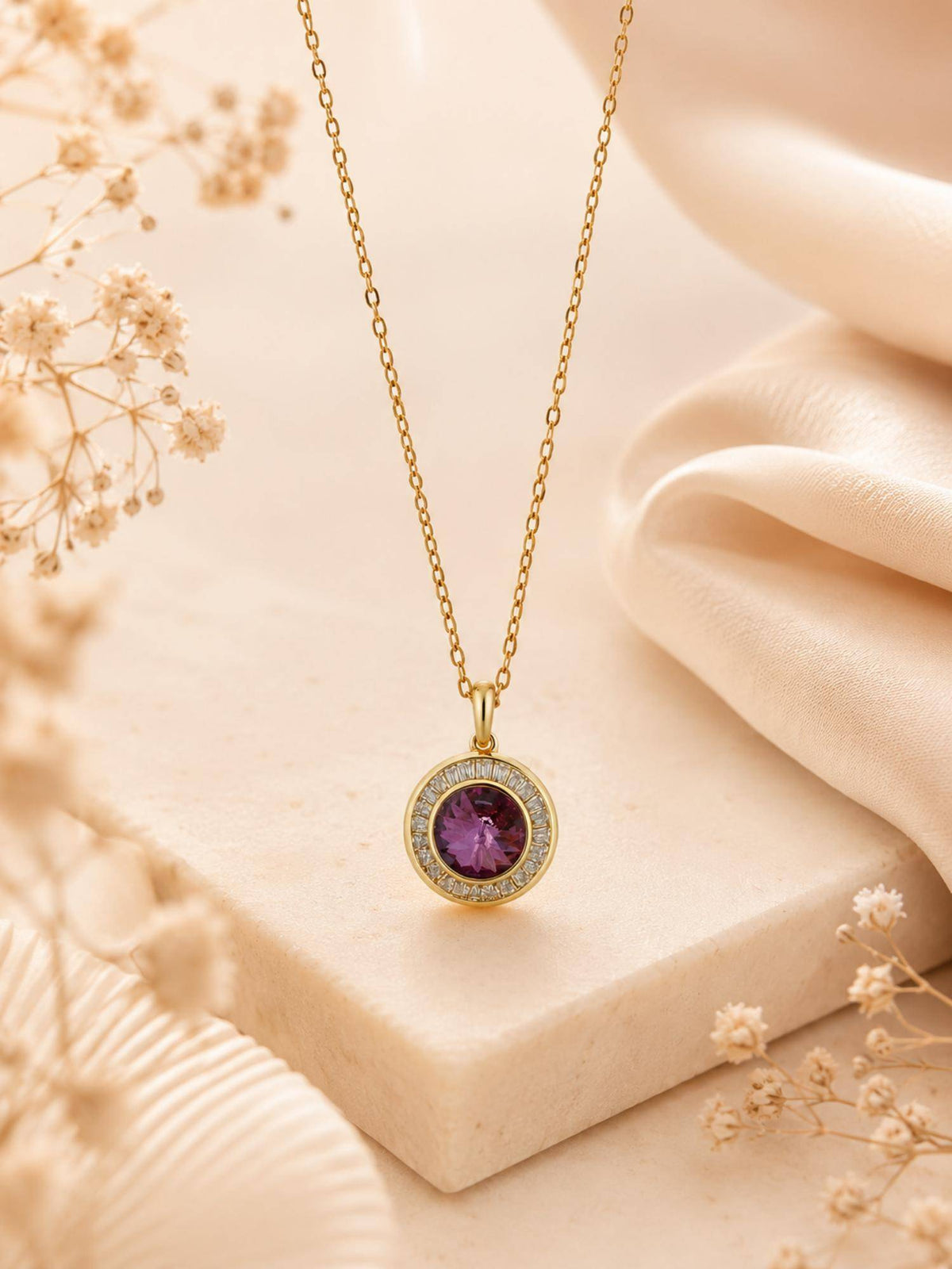 AANURA 18K Gold Plated Purple Halo Crystal Pendant Necklace