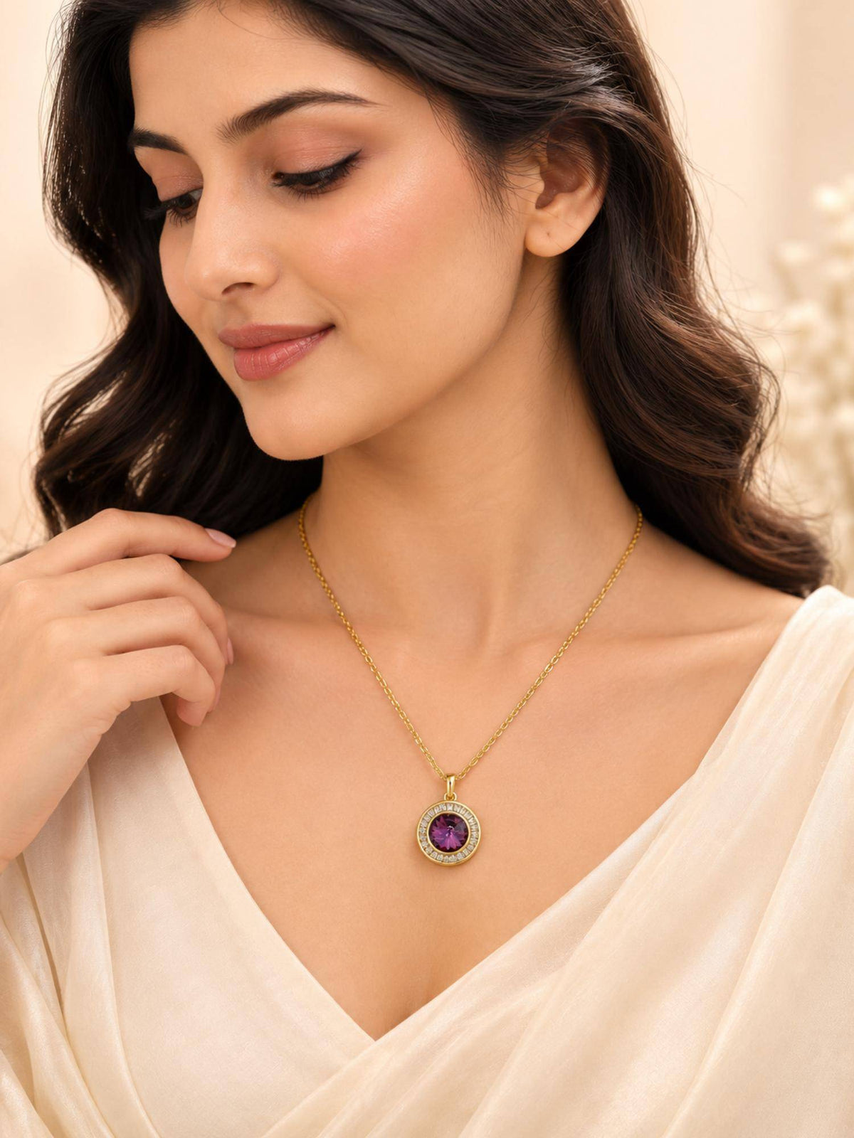 AANURA 18K Gold Plated Purple Halo Crystal Pendant Necklace