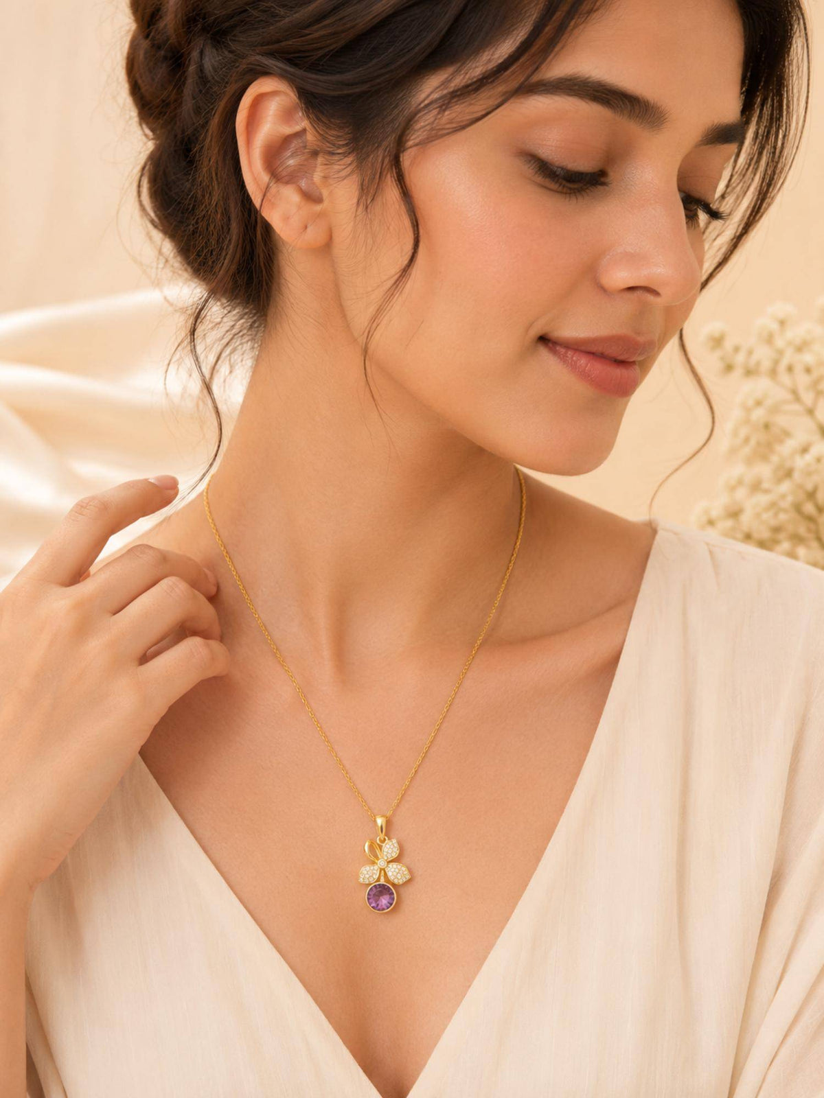 AANURA 18K Gold Plated Purple Floral Crystal Drop Necklace
