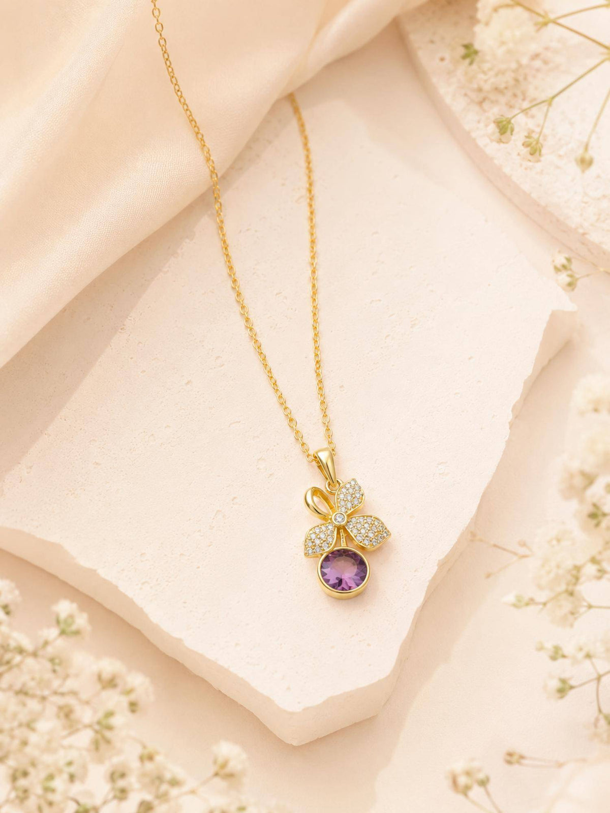 AANURA 18K Gold Plated Purple Floral Crystal Drop Necklace