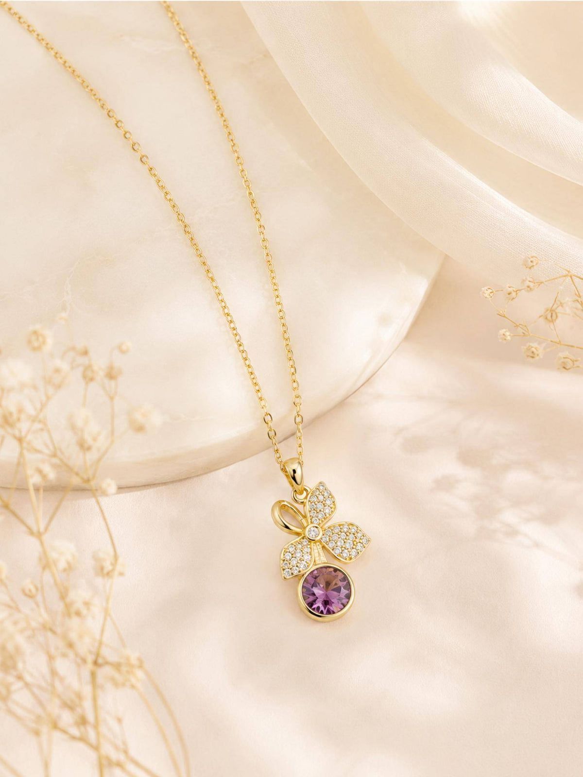 AANURA 18K Gold Plated Purple Floral Crystal Drop Necklace