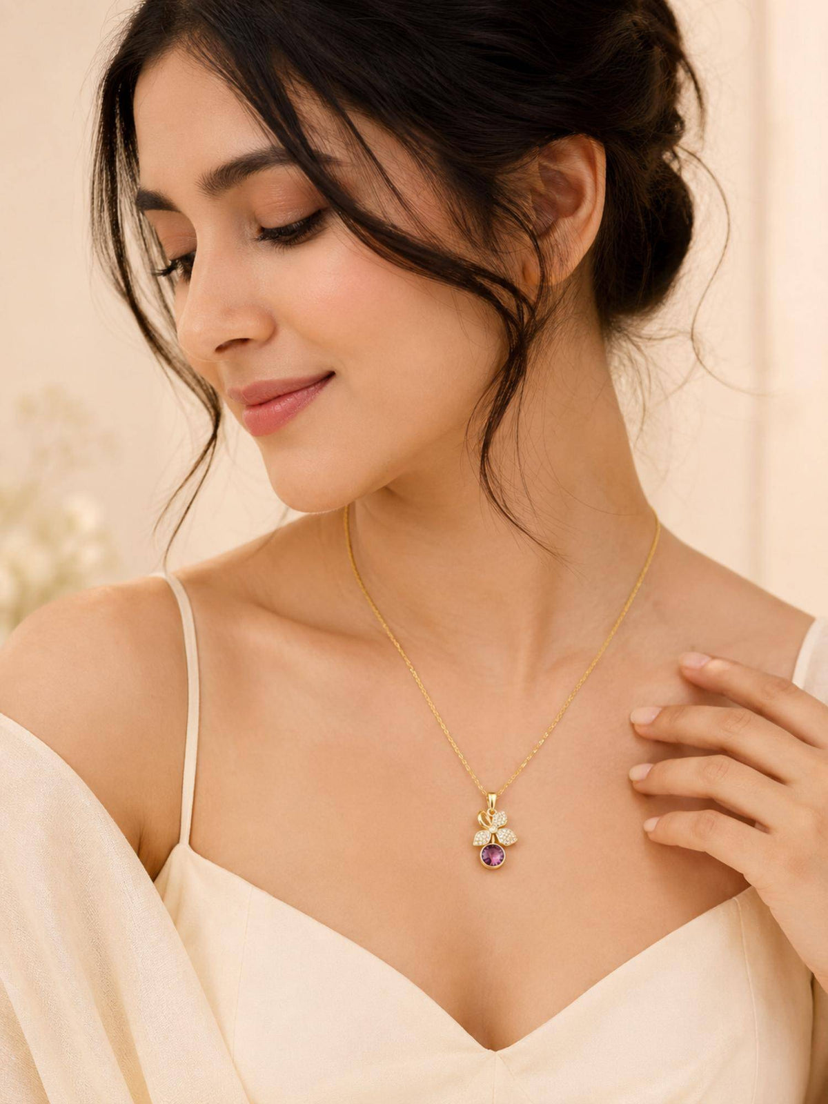 AANURA 18K Gold Plated Purple Floral Crystal Drop Necklace