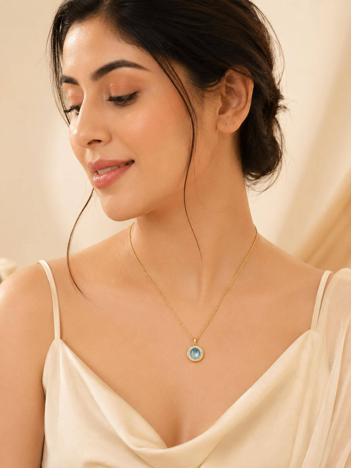 AANURA 18K Gold Plated Sea Blue Halo Crystal Pendant Necklace