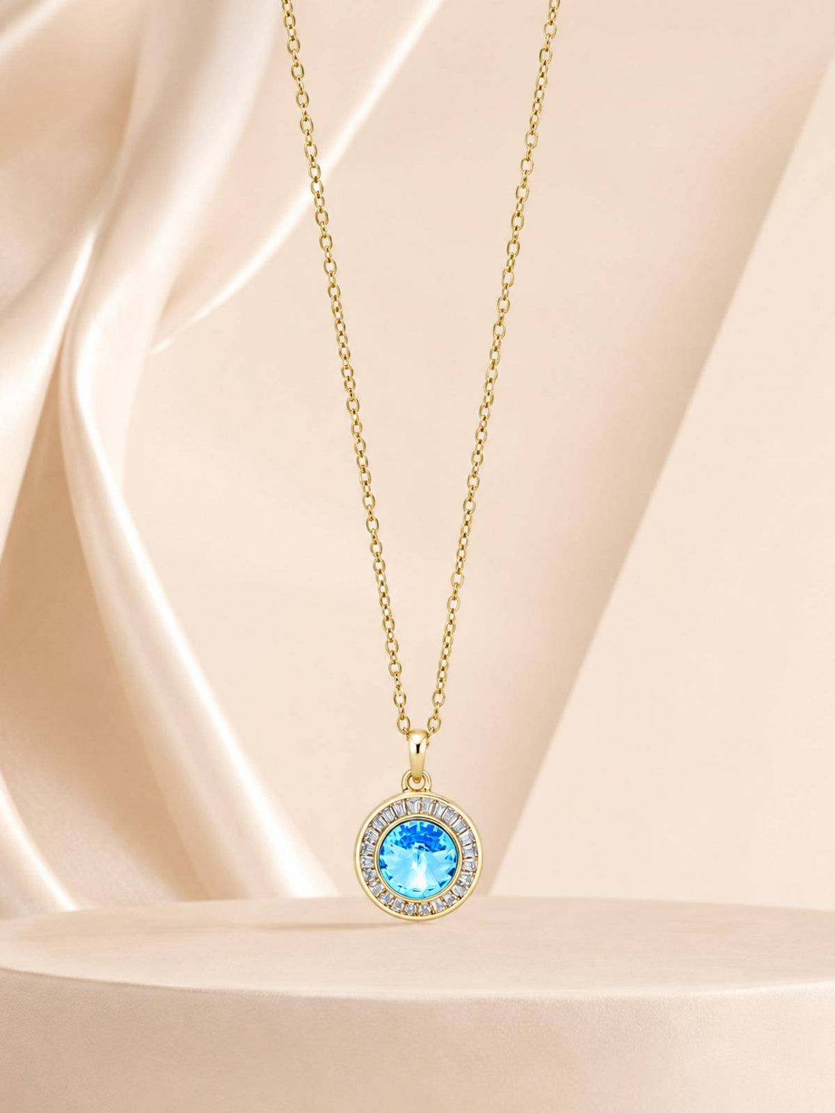 AANURA 18K Gold Plated Sea Blue Halo Crystal Pendant Necklace