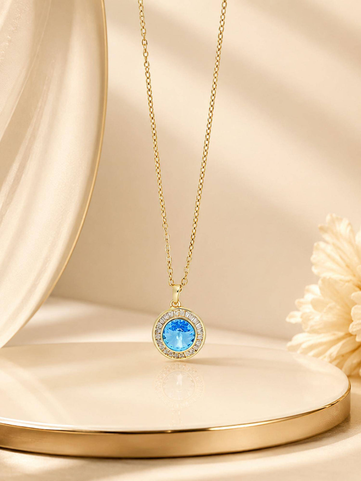 AANURA 18K Gold Plated Sea Blue Halo Crystal Pendant Necklace