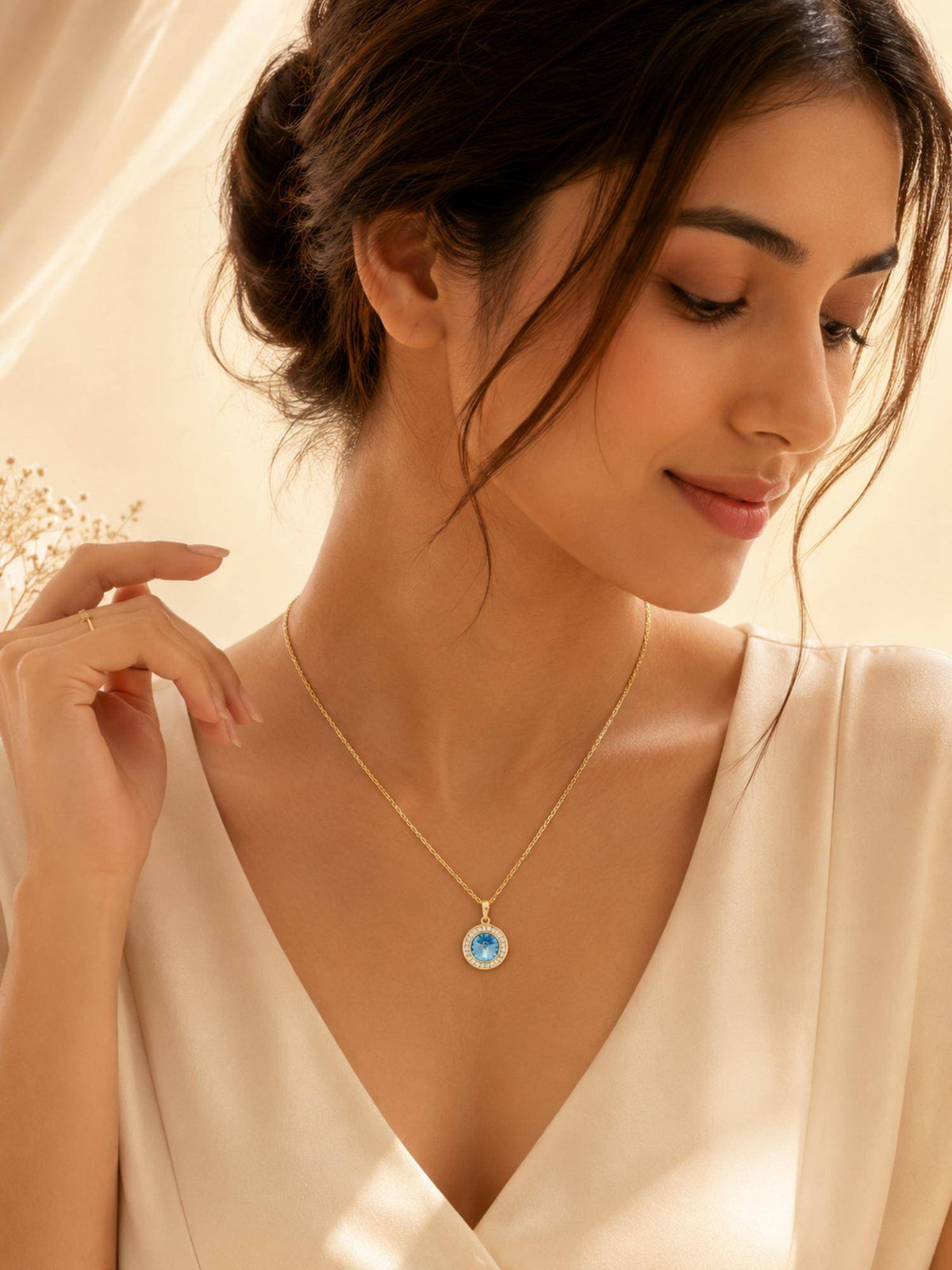 AANURA 18K Gold Plated Sea Blue Halo Crystal Pendant Necklace