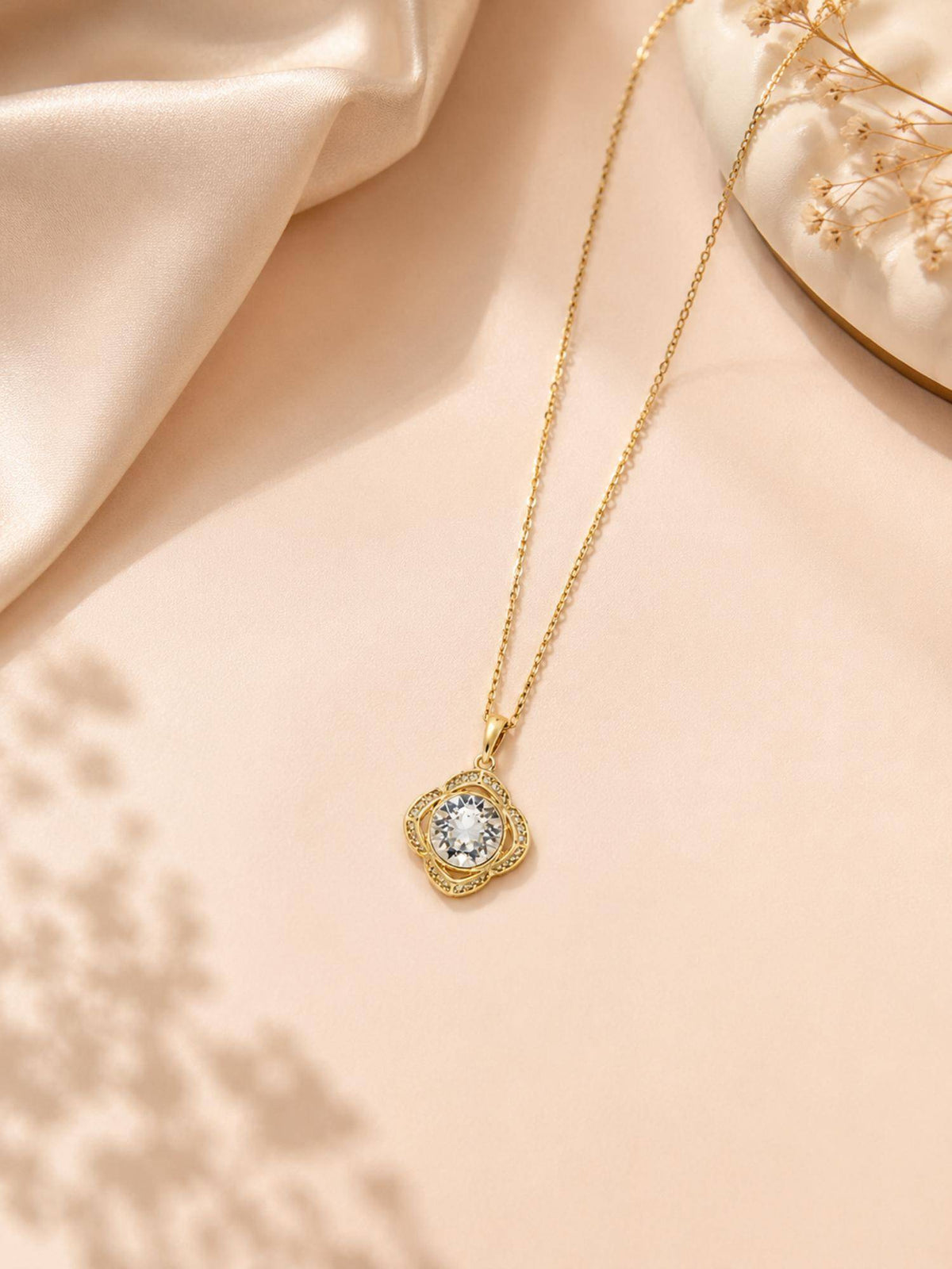 AANURA 18K Gold Plated White Flower Halo Crystal Necklace