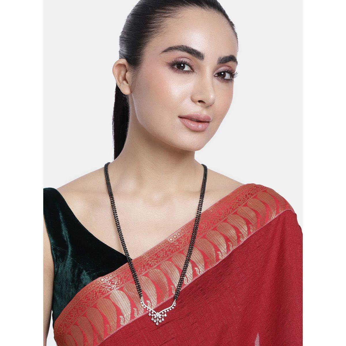 Abdesigns Set Of 2 Silver Plated Ad Studded And Beaded Mangalsutra Jewellery For Women