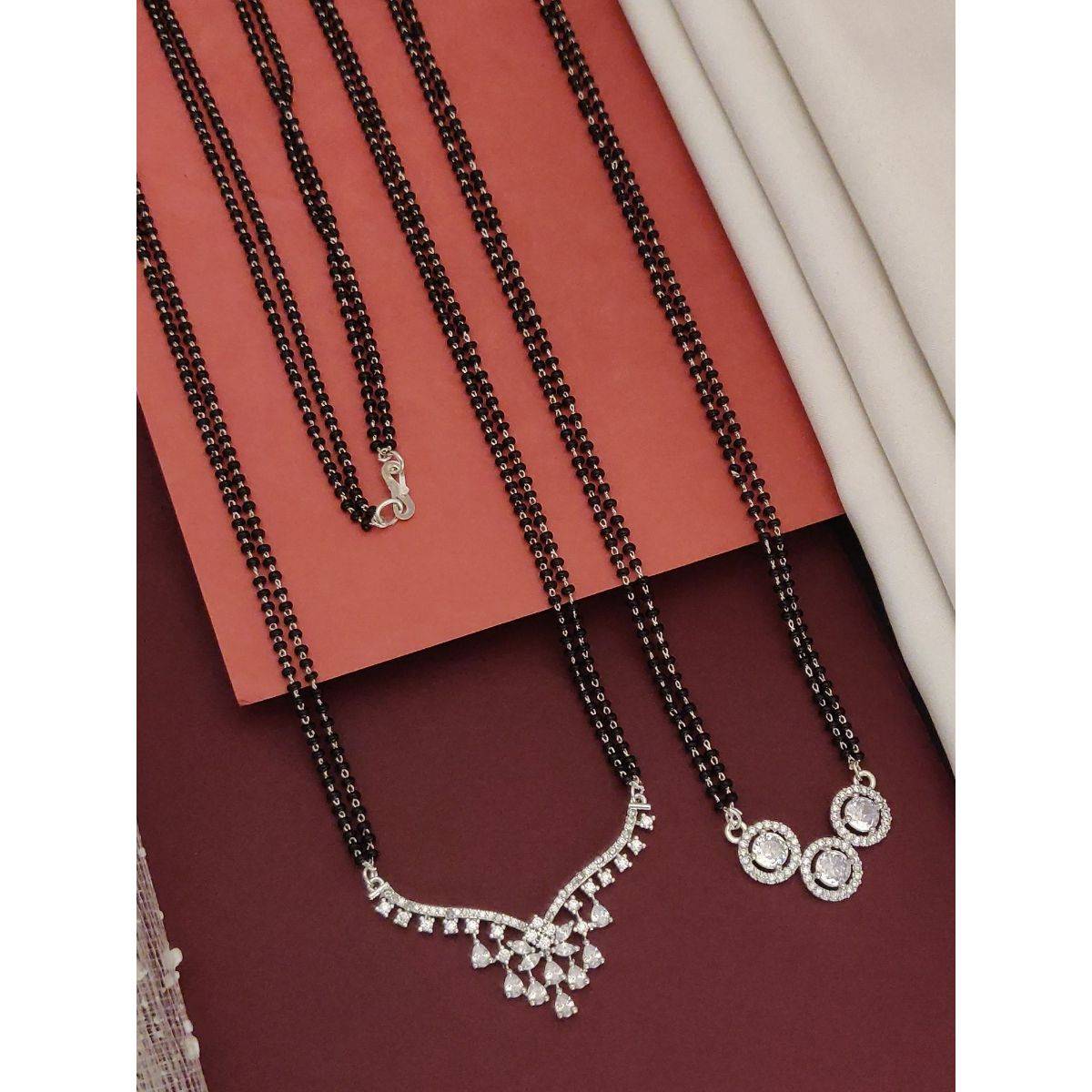 Abdesigns Set Of 2 Silver Plated Ad Studded And Beaded Mangalsutra Jewellery For Women