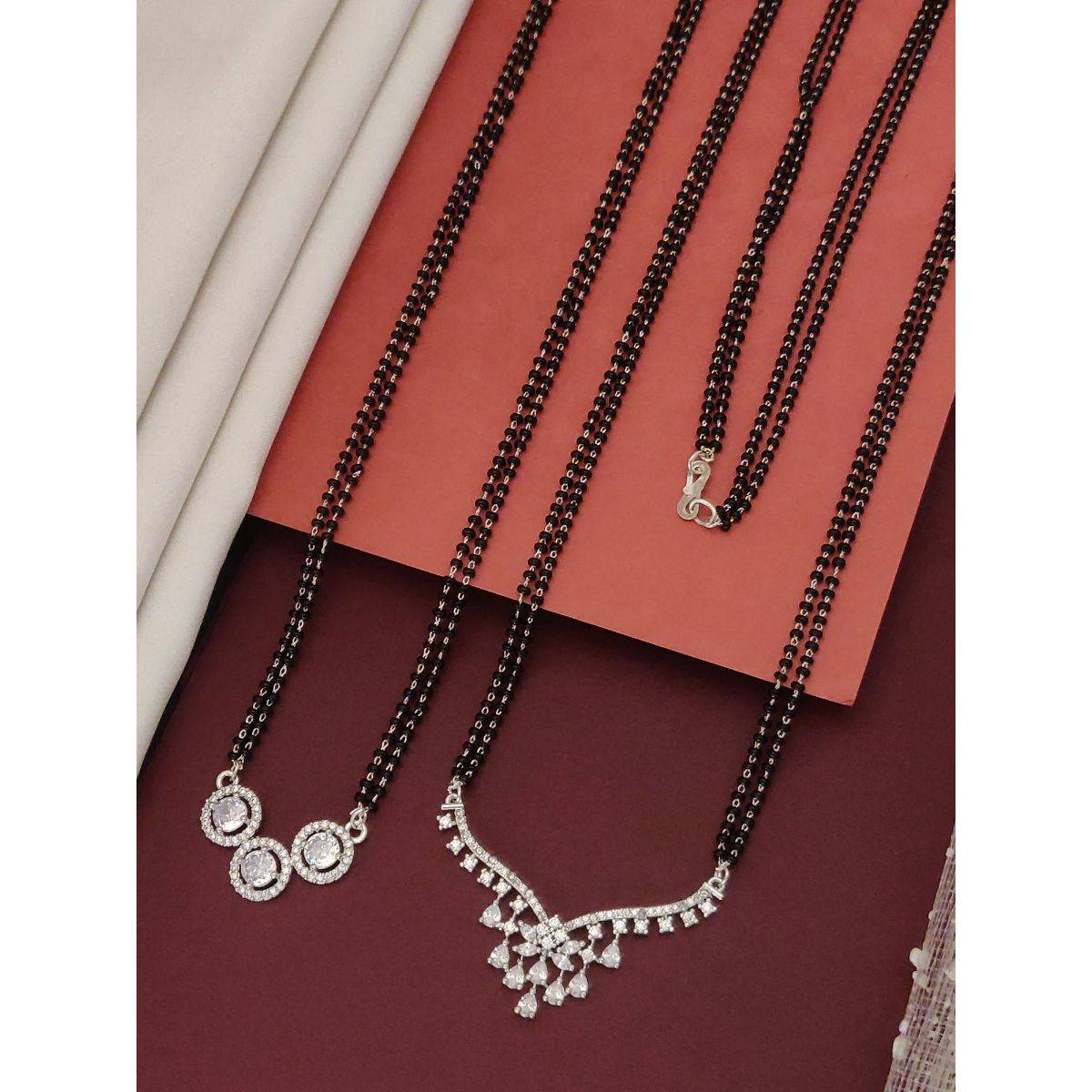 Abdesigns Set Of 2 Silver Plated Ad Studded And Beaded Mangalsutra Jewellery For Women