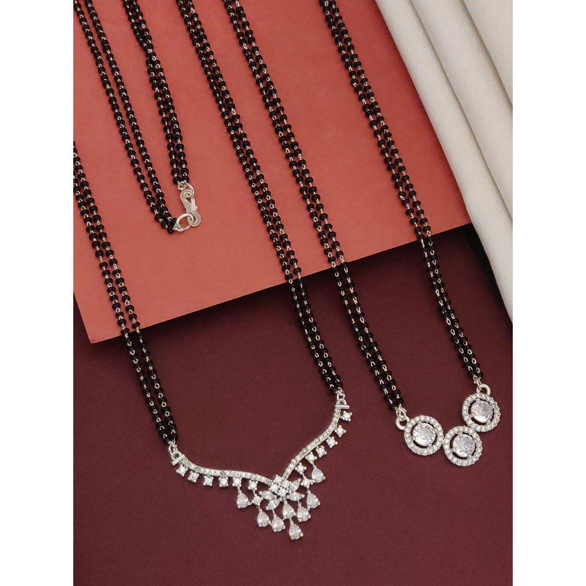 Abdesigns Set Of 2 Silver Plated Ad Studded And Beaded Mangalsutra Jewellery For Women