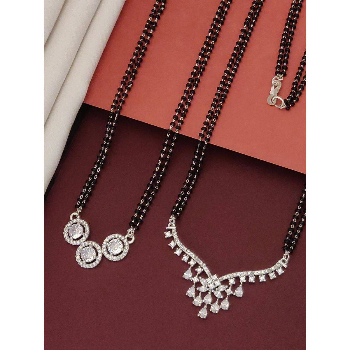 Abdesigns Set Of 2 Silver Plated Ad Studded And Beaded Mangalsutra Jewellery For Women