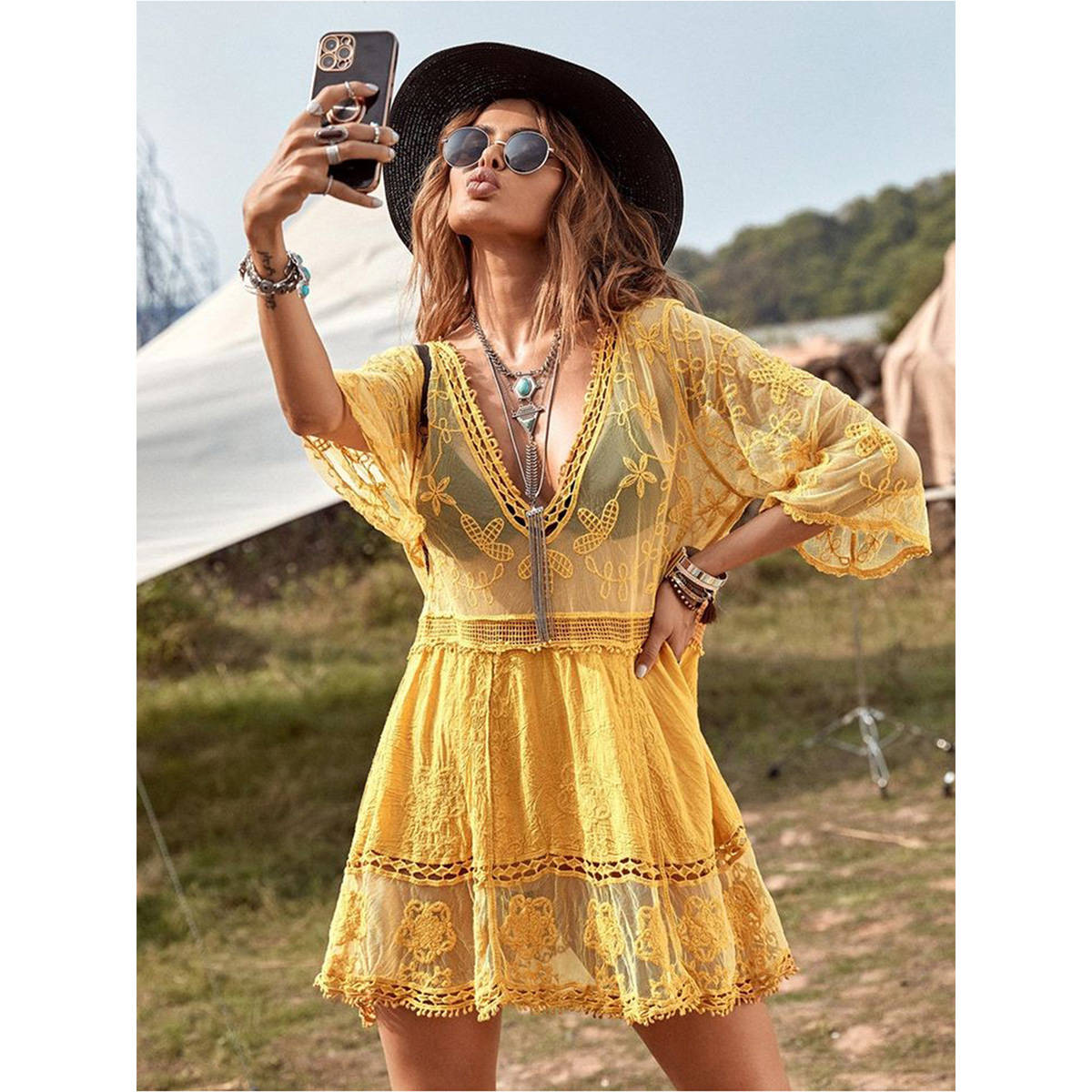 Addery Yellow Lace Enchantment Sarong Dress · Free Size