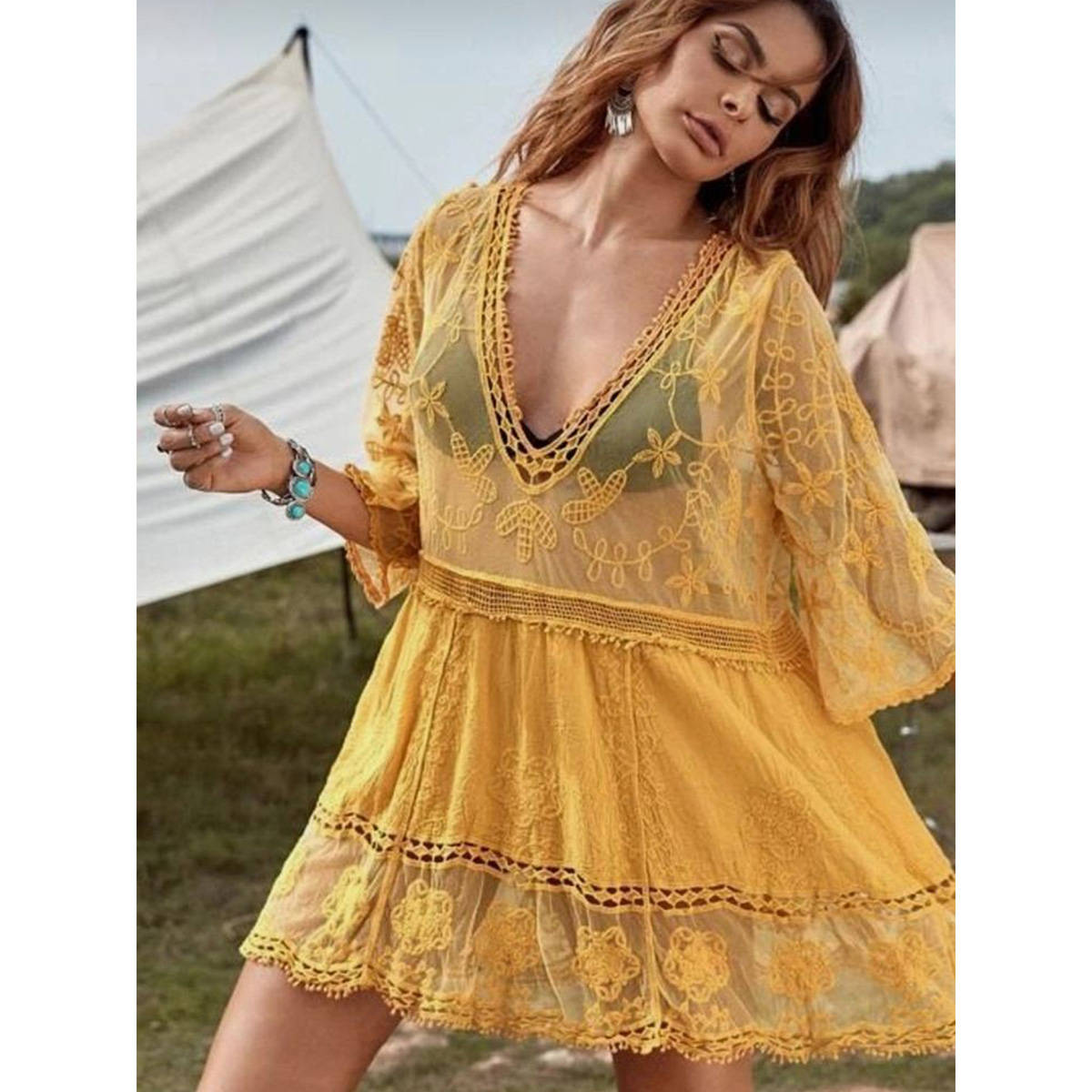 Addery Yellow Lace Enchantment Sarong Dress · Free Size