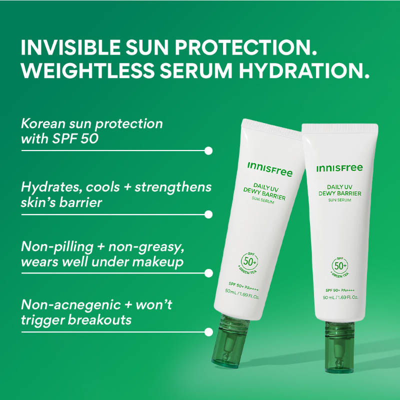 Innisfree Green Tea Hyaluronic Sunscreen Serum SPF 50+ PA++++ No White Cast Lightweight & Hydrating