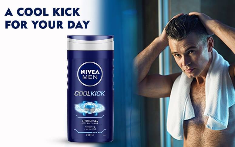 NIVEA Men Body Wash, Cool Kick with Refreshing Icy Menthol, Shower Gel for Body, Face & Hair (250ml)