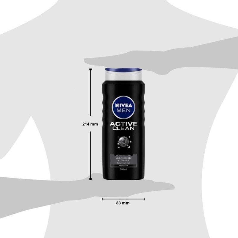 NIVEA - Men Body Wash, Active Clean with Active Charcoal, Shower Gel for Body, Face & Hair (500ML)