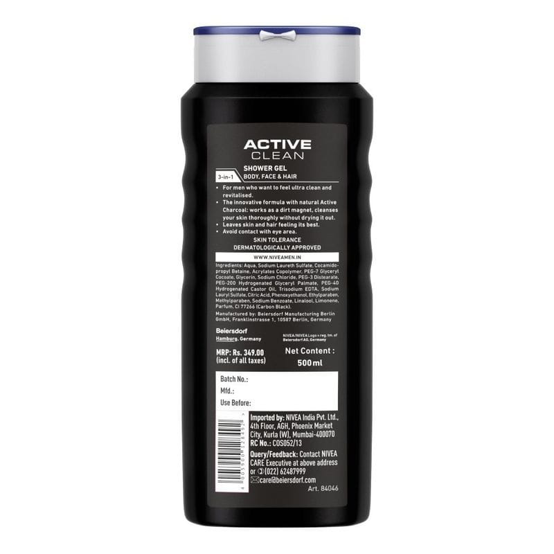 NIVEA - Men Body Wash, Active Clean with Active Charcoal, Shower Gel for Body, Face & Hair (500ML)