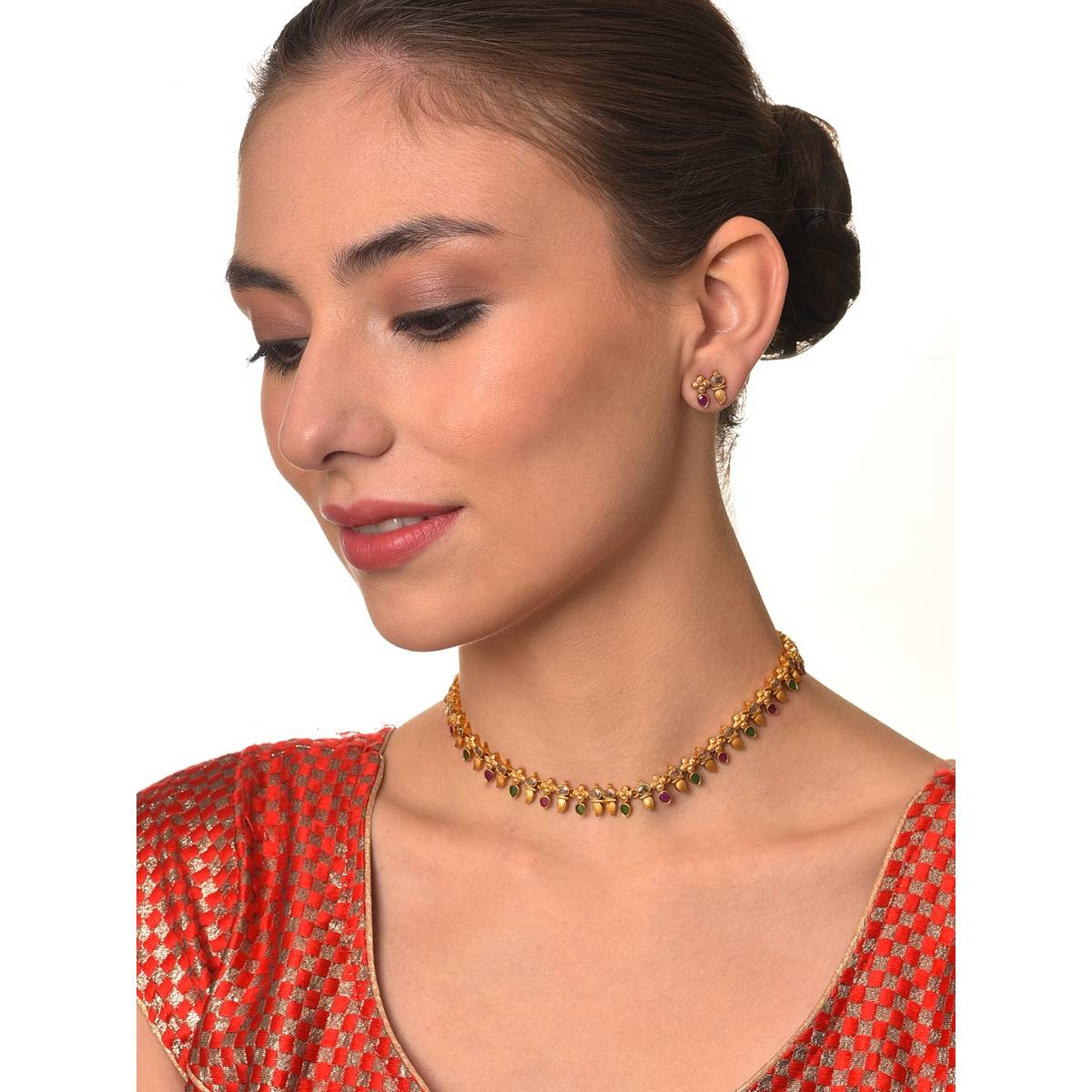 Aatmana Antique Gold Plated American Diamond Studded Pink Jewellery Set