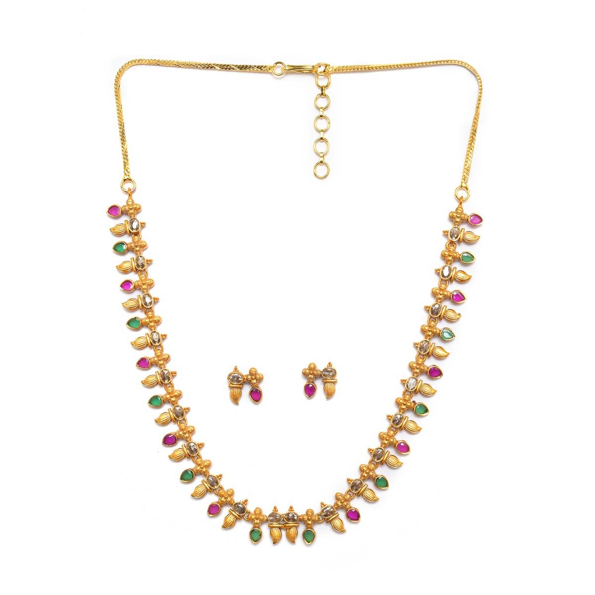 Aatmana Antique Gold Plated American Diamond Studded Pink Jewellery Set