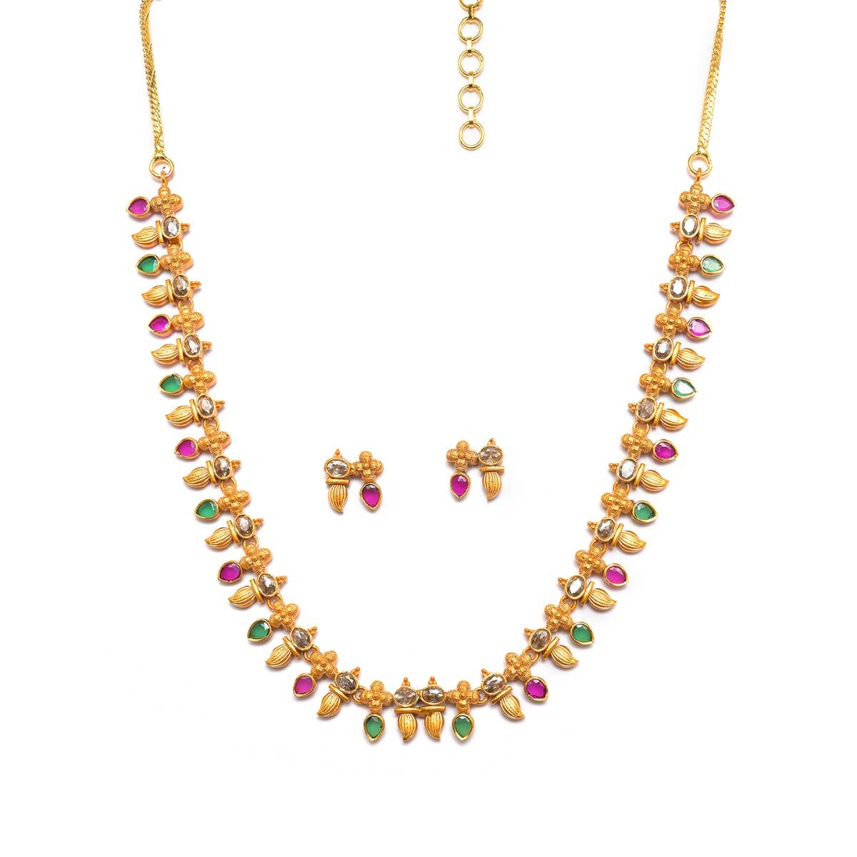 Aatmana Antique Gold Plated American Diamond Studded Pink Jewellery Set