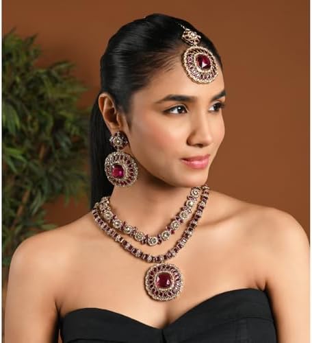 Gold Plated Traditional Double Layer Design & Stone Necklace Set with Earrings and Maang Tikka for Women