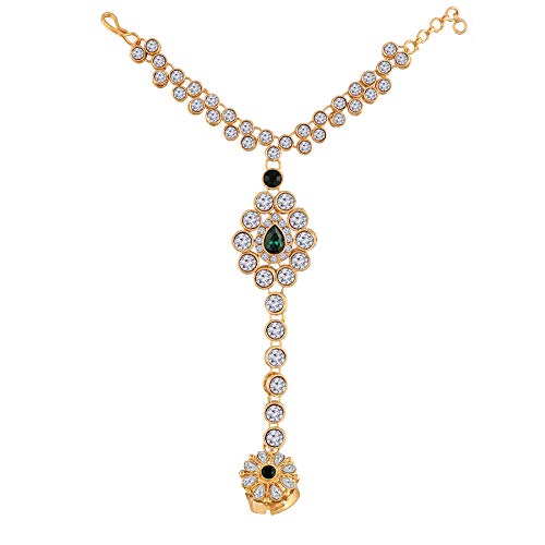 Traditional Gold Plated CZ Haath Phool/Panja Adjustable Bracelet with Ring for Women