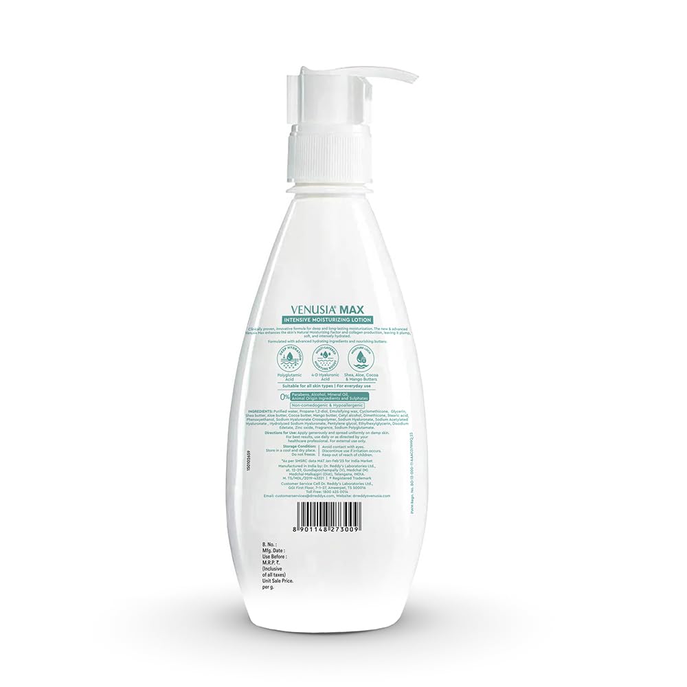 Dr. Reddy's Venusia Max Intensive Moisturizing Lotion for Normal to Dry skin |Body lotion I Advanced formula with 4D Hyaluronic Acid , Cocoa Butter, Shea Butter