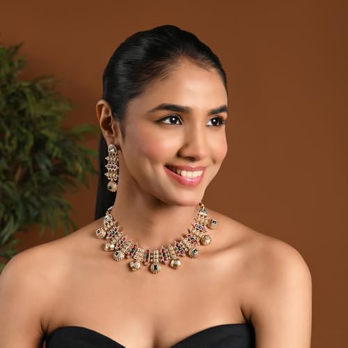 Gold Plated Traditional Antique Pearl Necklace with Earring Jewellery Set for Women