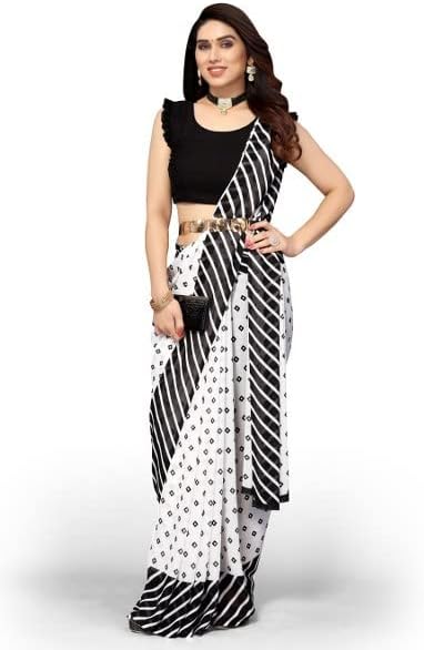 Yashika Ladies Georgette Print Saree with Blouse Black One Size