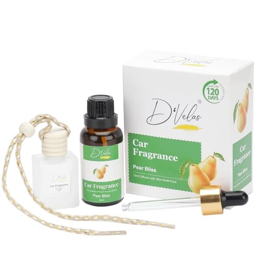 D’Velas™ 40ml Car Fragrance Diffuser Set – Long-Lasting Upto 120 Days | Pear Bliss | No Paraben | Elegant 10ml Wooden Lid Bottle with 30ml Refill | Perfume Diff