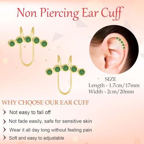 Elegant 18K Gold Plated Green Stone Ear Cuff - Lightweight Non-Piercing Clip-On Earring for Women & Girls