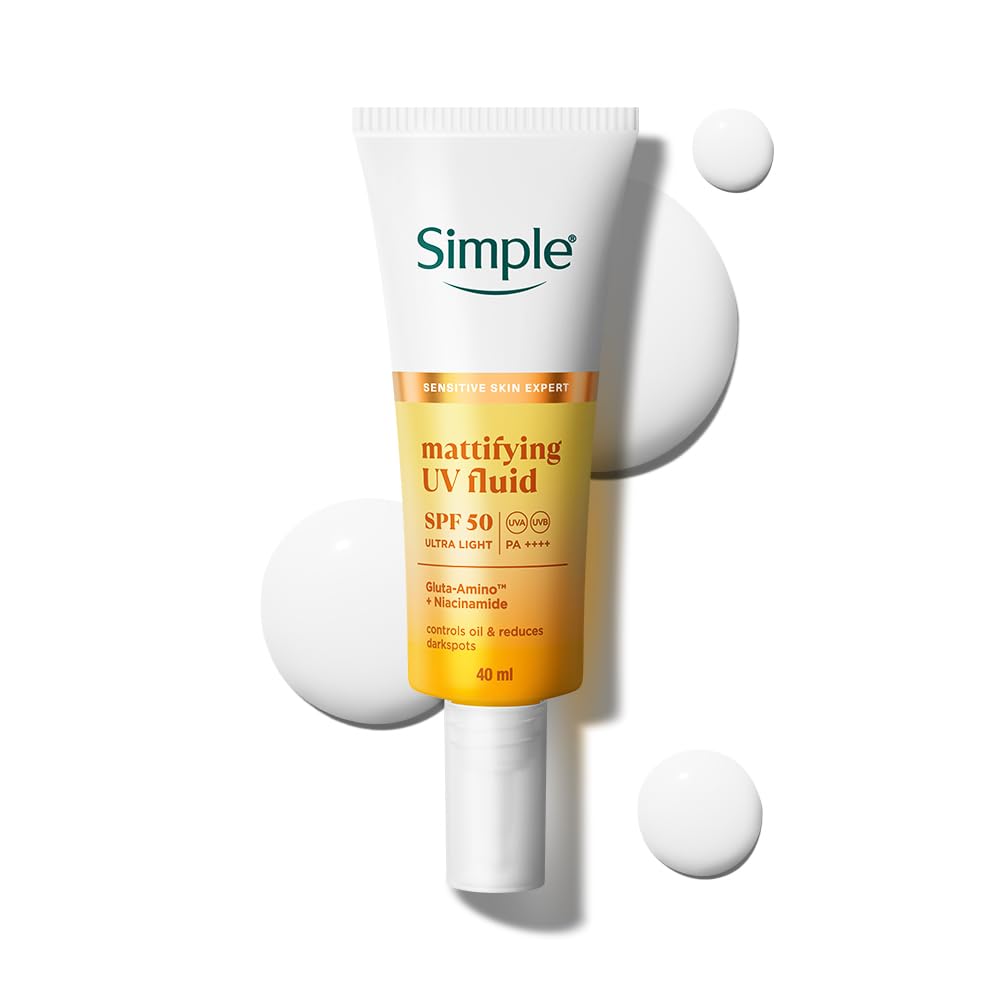 Simple Mattifying UV Fluid |SPF 50 PA++++ | With Niacinamide & GlutaAmino Technology| Sunscreen for Oily Skin & Dark Spots |Ultra Lightweight & Non-Sticky | UVA