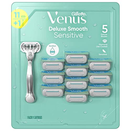 Gillette Venus Deluxe Smooth Sensitive 11 Count Cartridge Razor, Chrome or Stainless Steel Handle, 5 Blades Each, Moisturizing Strip, Microcomb, Women's Razor f