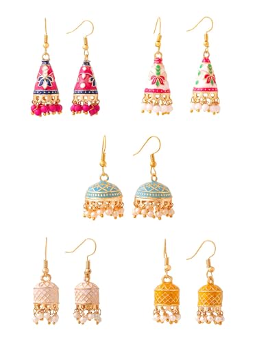 Handcrafted Meenakari Jhumka Earrings for Women | Set of 5 Ethnic Gold-Plated Jhumkis | Vibrant Multicolor Design | Ideal for Special Occasions