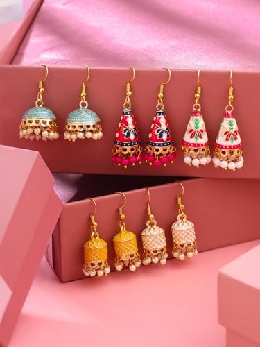Handcrafted Meenakari Jhumka Earrings for Women | Set of 5 Ethnic Gold-Plated Jhumkis | Vibrant Multicolor Design | Ideal for Special Occasions