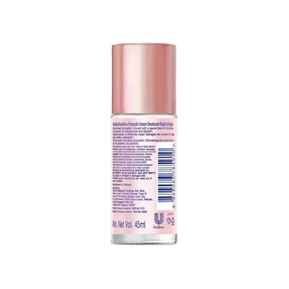 Vaseline GlutaGlow Ampoule Serum Deodorant Bright & Repair with 3% Niacinamide + Glycerin, 48H Protection, Brightening & Skin Repair Care, 45ml