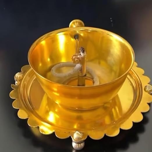 Brass Akhand Jyot Diya with Adjustable Bati Wick Lifting Screw Home Decoration Gifting Joyti Holder Navratri & Borosilicate Glass Cover Oil Diyas Pooja(Small)
