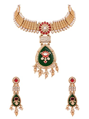 Gold Plated Traditional Kundan Pearl & Enamel Work Necklace with Matching Earrings Jewelry Set for Women
