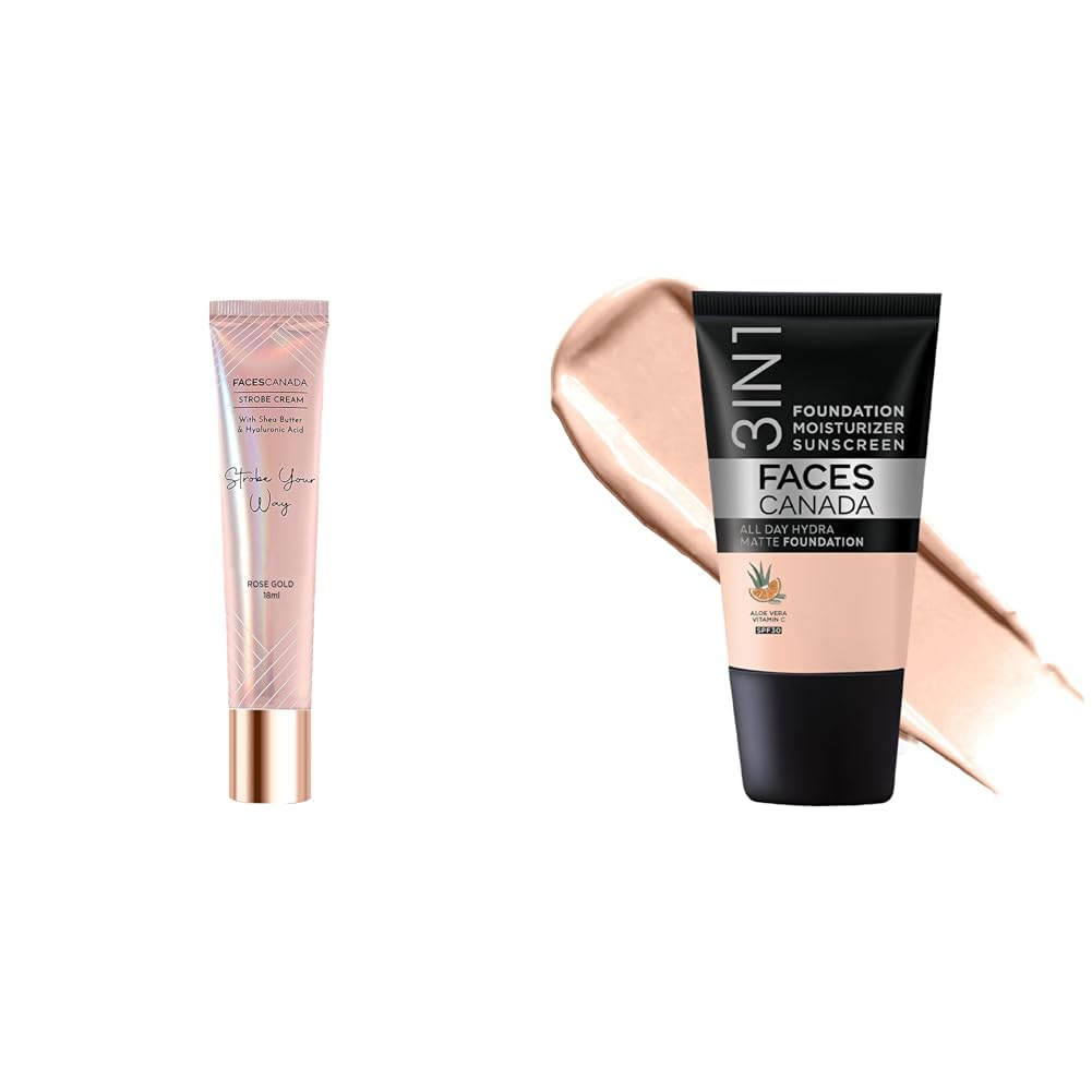 FACESCANADA Airbrushed Shine Full Combo - All Day Full Hydra Matte Foundation - Rose Ivory 011 (18ml) + Strobe Cream - Rose Gold (18ml) | Illuminating & Glowing