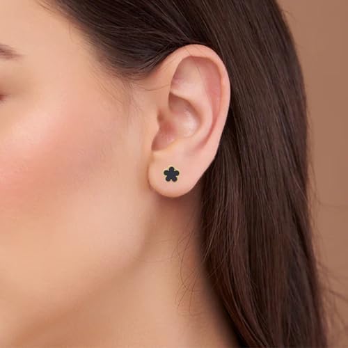 Handcrafted 18K Gold Plated Lucky Five Petal Leaf Clover Stud Earrings Set – 2 Pairs in Black & White Enamel