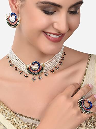 Multicolor Meenakari Peacock Inspired Multistrand Pearls Choker Necklace Earring & Ring Set for Women