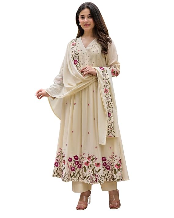 Women’s Floral Embroidered Anarkali Kurta Set with Pant & Dupatta Small Off-white