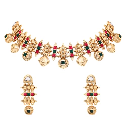 Gold Plated Traditional Antique Pearl Necklace with Earring Jewellery Set for Women